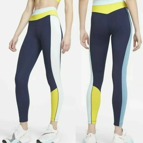 Nike Women's One Leggings Mid-Rise 7/8 Dri-Fit Blue SZ small blue yellow - Picture 1 of 11